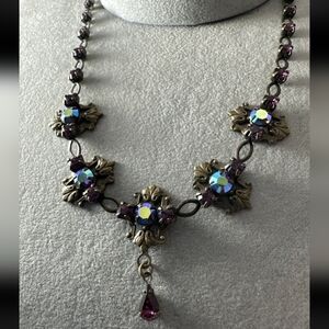 Designer Marked CLARA BEAU-  SWAROVSKI crystal Brass Flower Necklace